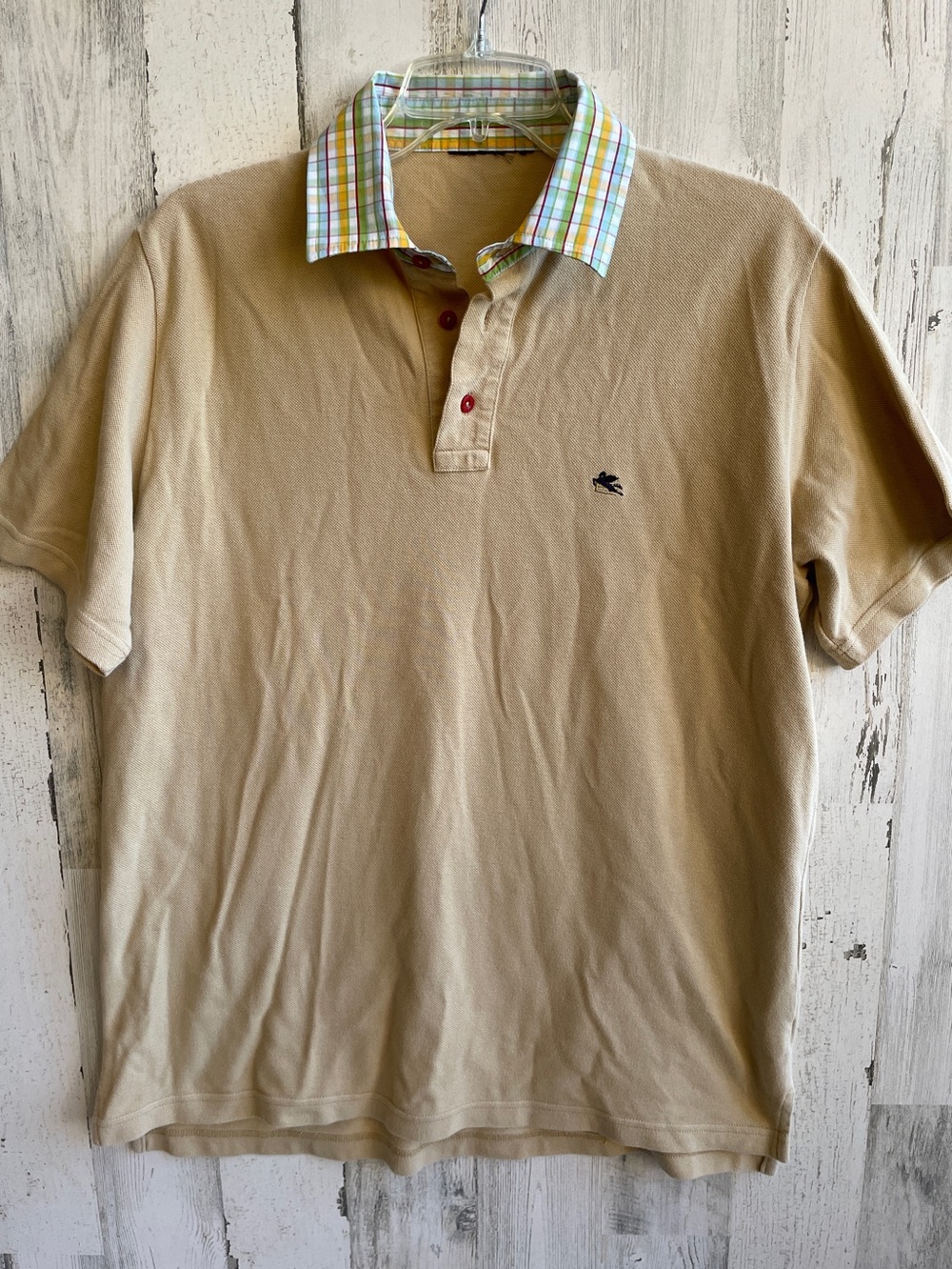 Men's Etro Polo Tan with Plaid Collar Classic Casual Designer Shirt SZ XL